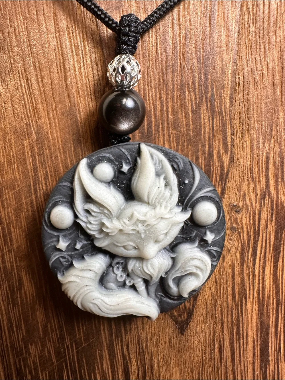 Tai Chi Stone Fox Pendant Necklace on Black Rope
